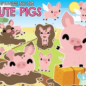 May include: A digital illustration featuring multiple cartoon pigs in various poses. Some pigs are in mud, others have wings, and one is on a hay bale. The text "CUTE PIGS" is displayed in pink letters at the top of the image.