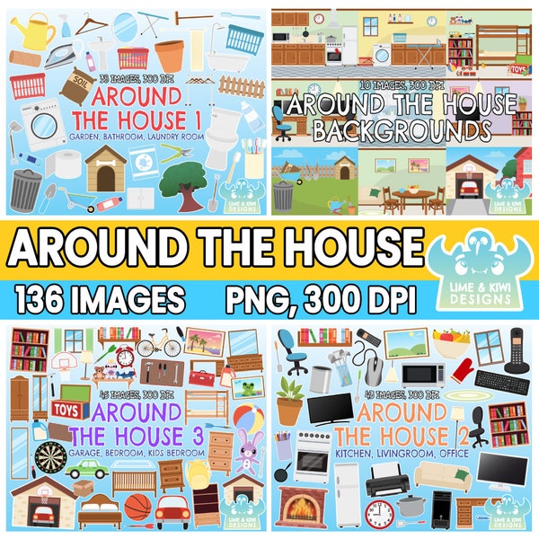 Around the House Clipart Bundle 1, Black and White, Digital Stamps, House Backgrounds, Bedroom, Kitchen, Backyard, home, Bedroom, Livingroom