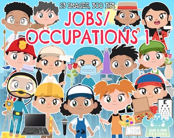 Jobs/Occupations 1 clipart, Black and White, Digital Stamps, Artist, Bus driver, Butcher, Carpenter, Sporting coach, Computer technician