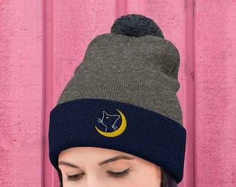 Embroidered Sailor Luna Pom Beanie: Anime Cat Hat