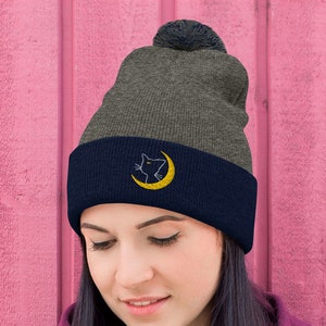 Embroidered Inspired Sailor Luna Pom Beanie | Moon Luna Beanie | Cute Anime Beanie | Kawaii Anime Gift | Moon Luna Cat Beanie