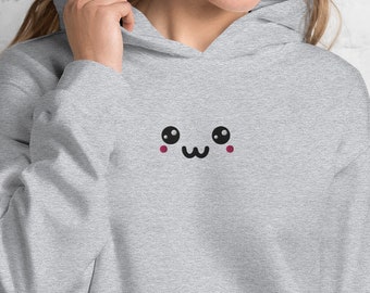 Embroidered Kawaii Smile Hoodie: Minimalist Happy Face