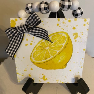 lemon ornaments, tiered tray decor, lemon decor, lemon shelf sitter, buffalo check, yellow, white, summer decor, kitchen decor