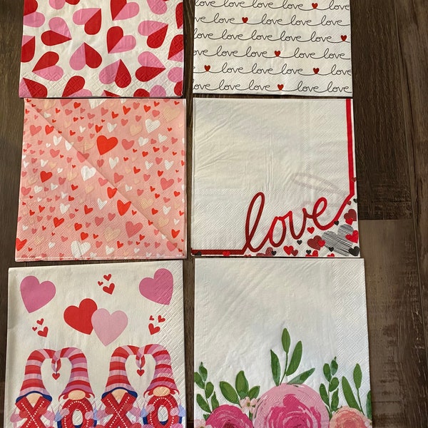 Valentine’s Day napkins, napkins for crafting, decoupaging napkins, hearts, gnomes, truck, florals, DIY crafts