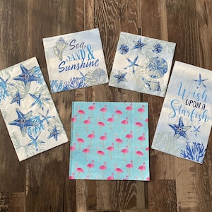 Nautical napkins, seashell napkins, beach napkins, pink flamingo, blue and white napkins, napkin bundle for crafting, decoupaging napkins