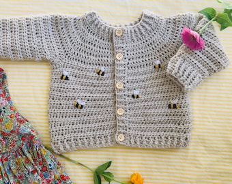 Hand Crocheted Embroidered Bumble Bee Baby Cardigan (available in many colours)