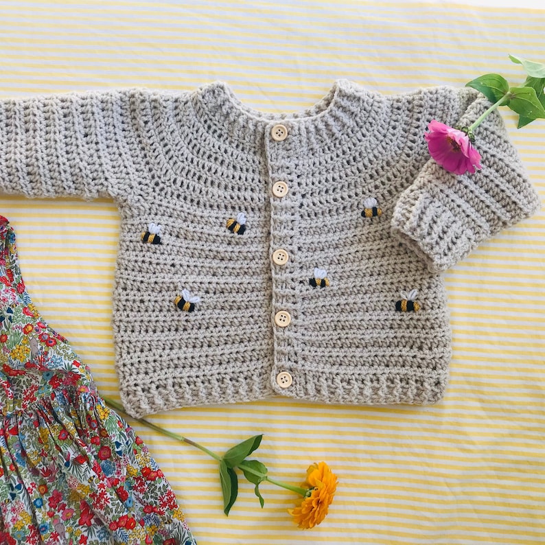 Hand Crocheted Embroidered Bumble Bee Baby Cardigan available in many colours image 1