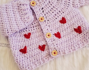 Hand Crocheted Embroidered Valentines Heart Baby Cardigan (available in many colours)