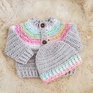 Rainbow Yoke Baby Cardigan and Hat Set
