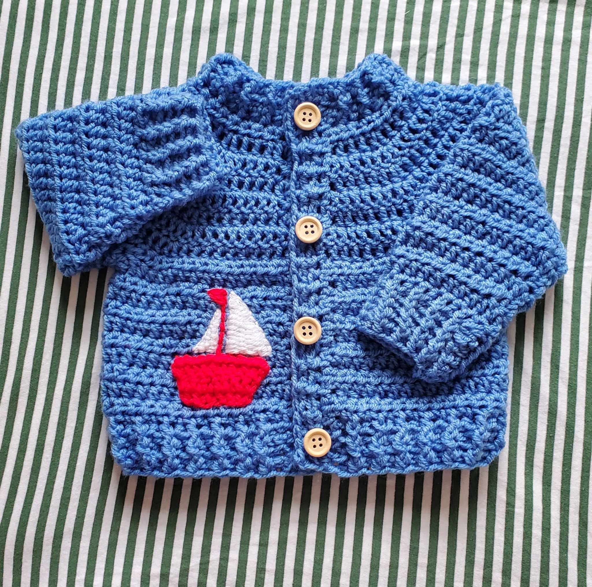 Hand Crocheted Embroidered Sailing Boat  Baby/Toddler Cardigan (available in many colours)