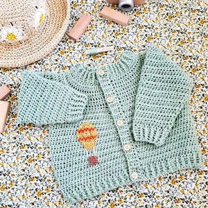 Hand Crocheted Embroidered Hot Air Balloon Baby/Toddler Cardigan (available in many colours)