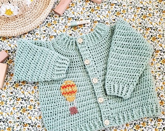 Hand Crocheted Embroidered Hot Air Balloon Baby/Toddler Cardigan (available in many colours)