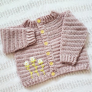 Hand Crocheted Embroidered Daisy Baby Cardigan (available in many colours)