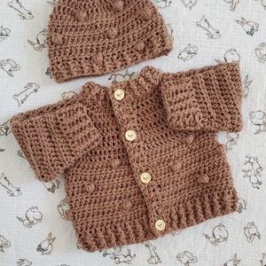 Hand Crocheted Custom colour Bobble Stitch Baby Cardigan and Hat Set
