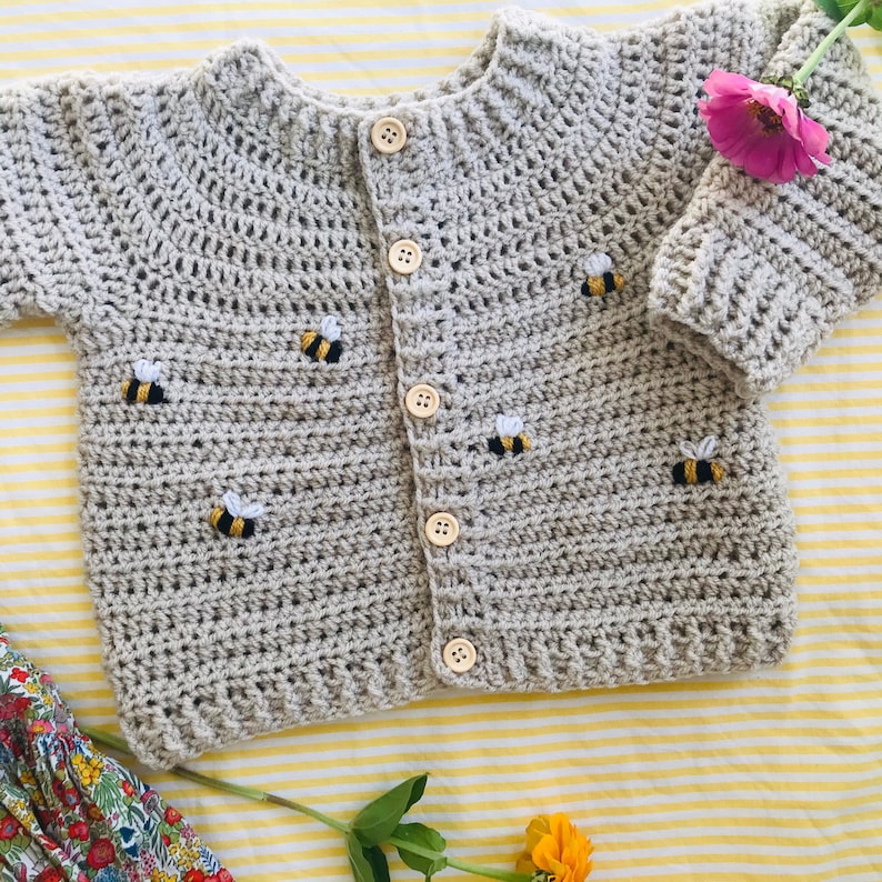 Hand Crocheted Embroidered Bumble Bee Baby Cardigan available in many colours image 7