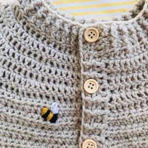 Hand Crocheted Embroidered Bumble Bee Baby Cardigan available in many colours image 3