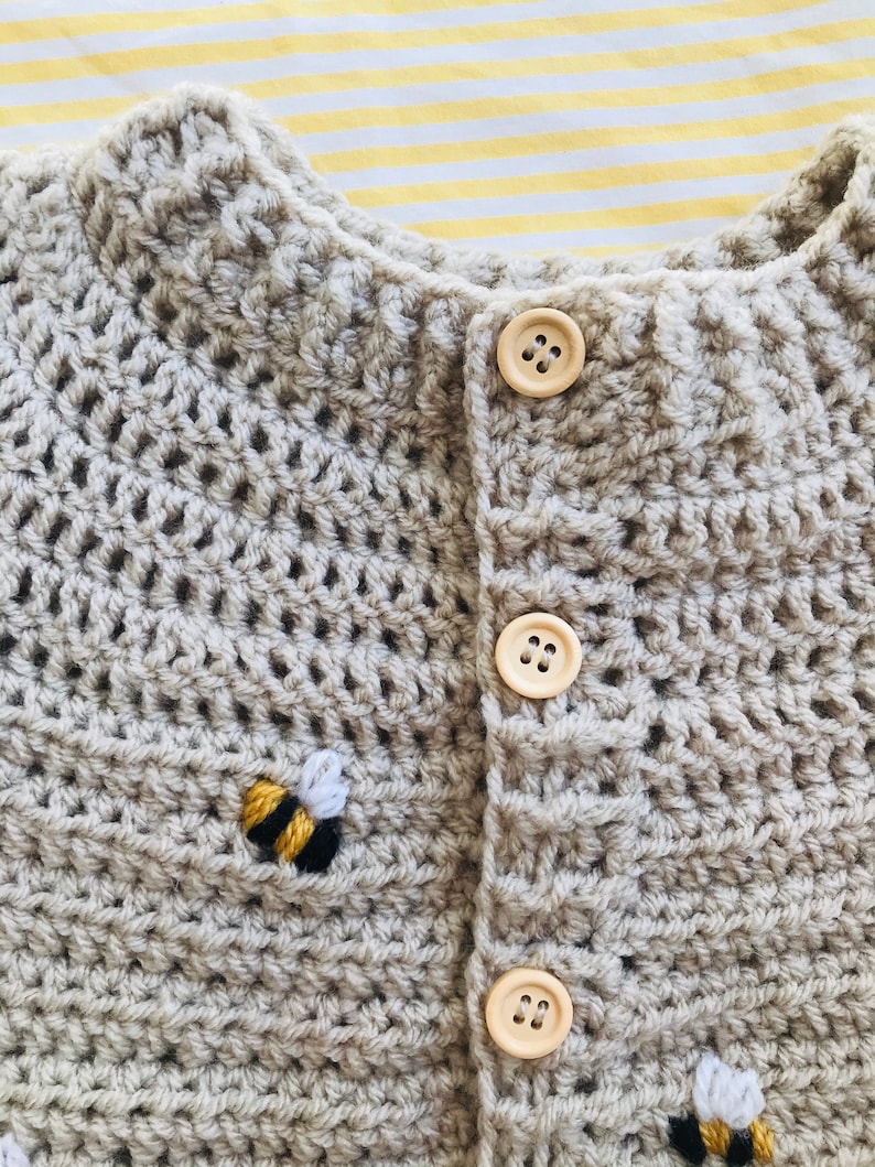 Hand Crocheted Embroidered Bumble Bee Baby Cardigan available in many colours image 3