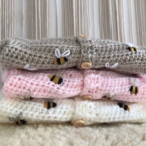 Hand Crocheted Embroidered Bumble Bee Baby Cardigan available in many colours image 2