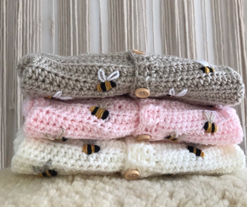 Hand Crocheted Embroidered Bumble Bee Baby Cardigan available in many colours image 2