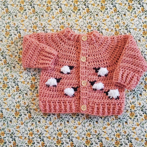 Hand Crocheted Embroidered Lamb Baby Cardigan (available in many colours)