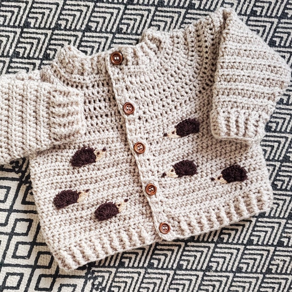 Embroidered Hedgehog Hand Crocheted Baby Cardigan