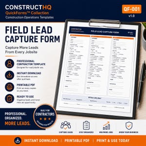 Könnte beinhalten: Ein schwarzes Klemmbrett mit einer weißen Vorlage für ein Field Lead Capture Formular mit drei Spalten für Kundeninformationen, Projektdetails und Notizen. Das Dokument enthält Kontrollkästchen für Kontaktpräferenzen, Empfehlungsquellen und Auftragsarten.