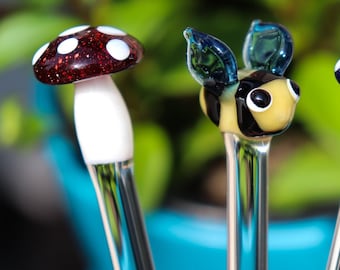 Set of 2 Borosilicate Glass 5" Plant Stakes, Mushroom, Axolotl, Orca, Ghost, Pumpkin, Bee