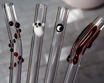 Goth Glass Straw Set with Ghost, Moon, Blood Drip, Halloween Art