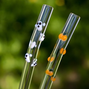 Set of 2 Ghost & Pumpkin Glass Straws