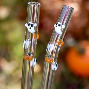 Ghost & Pumpkin Swirl Glass Drinking Straws