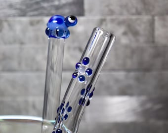 Colbalt and Icy Blue 6 inch Cocktail size Wavy Flower Glass Straw and Tiny Turtle Stir Stick Set