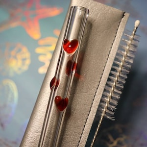Swirl of Hearts Glass Drinking Straw with Vinyl Carrying Case and Brush, Valentines gift set handmade by Bow Valley Straws