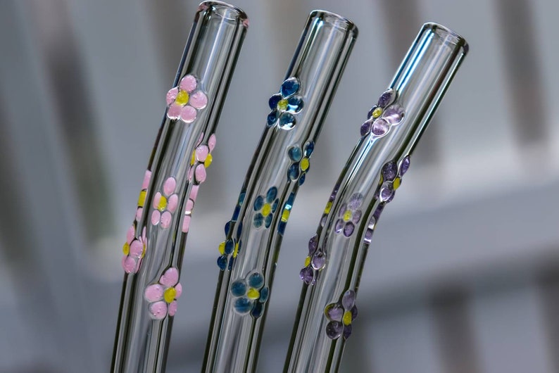 Set of 4 Flower Glass Drinking Straws Etsy