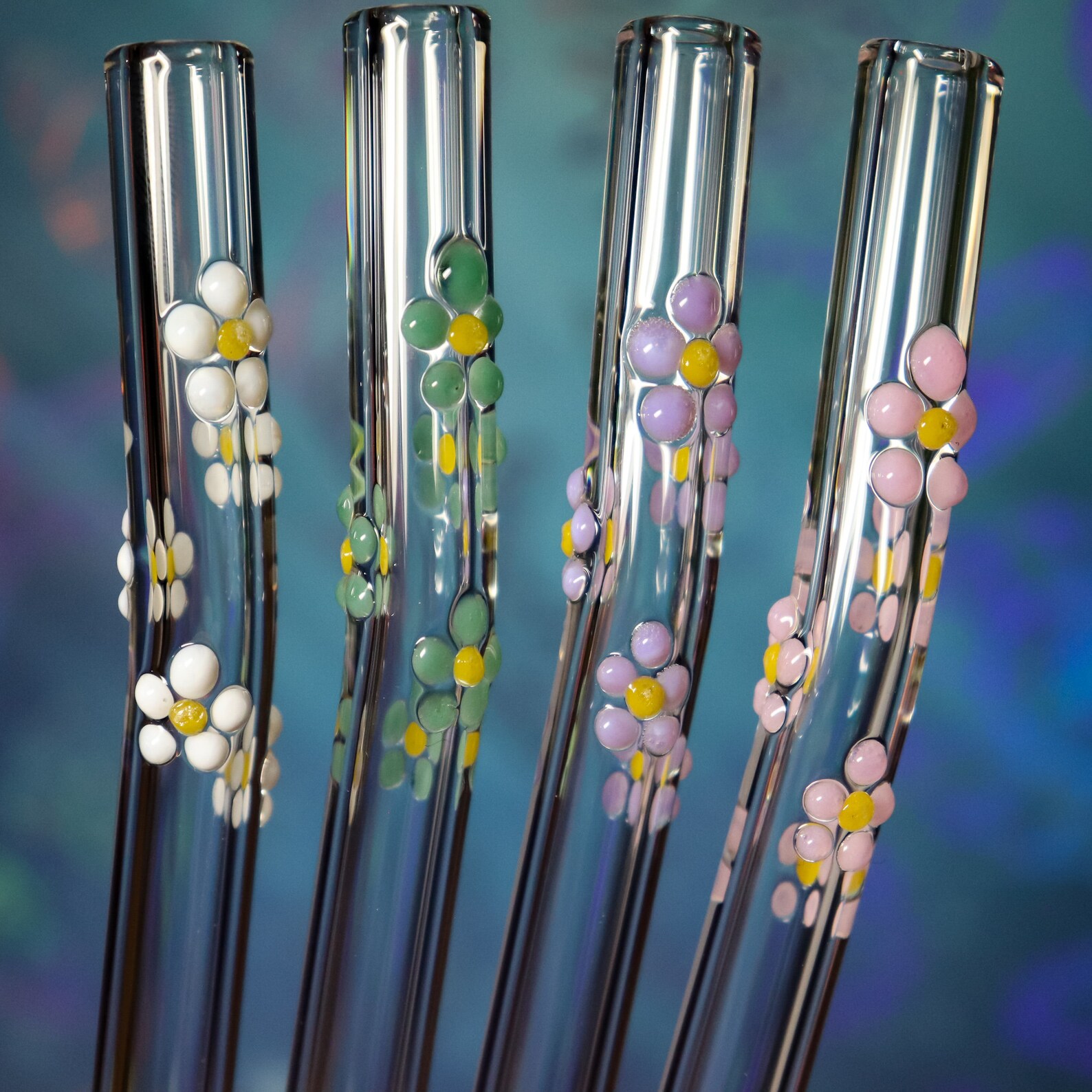 Set of 4 Flower Glass Drinking Straws Etsy
