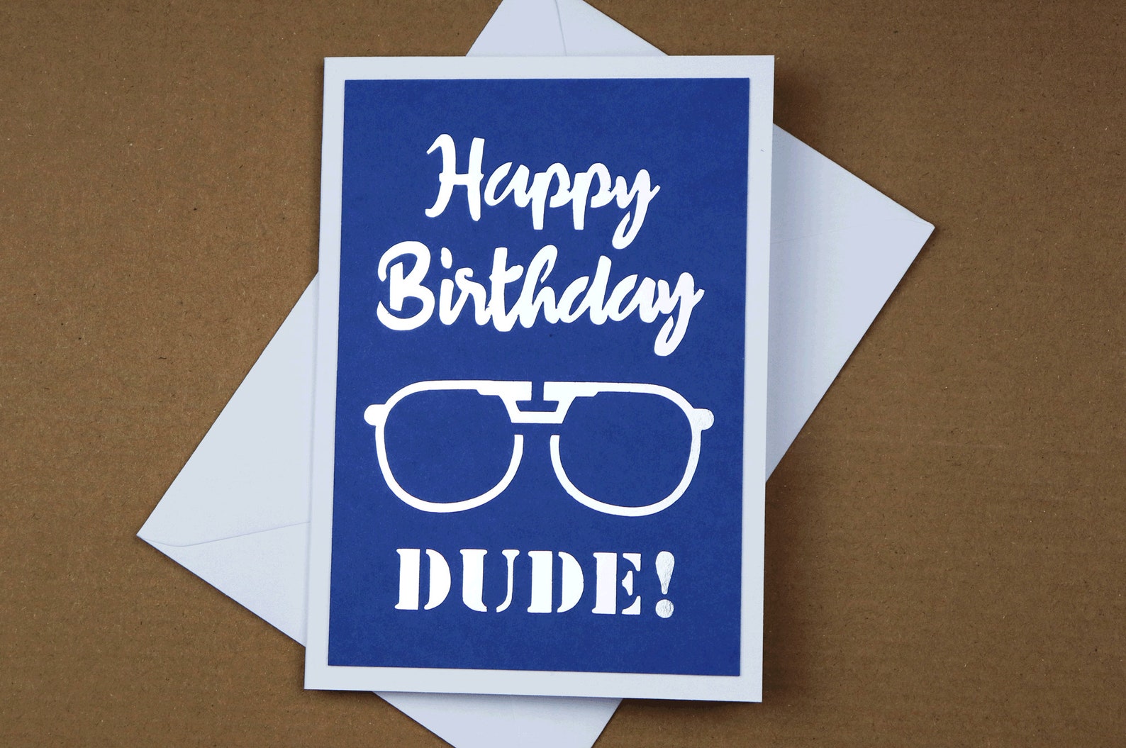Happy Birthday Dude Greeting Card Cutout Design on Silver Foil