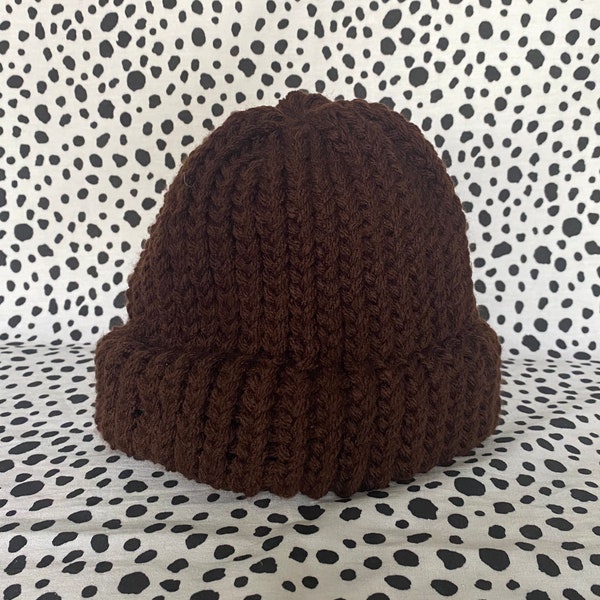 HANDMADE dark chocolate brown, wool beanie hat HANDKNITTED