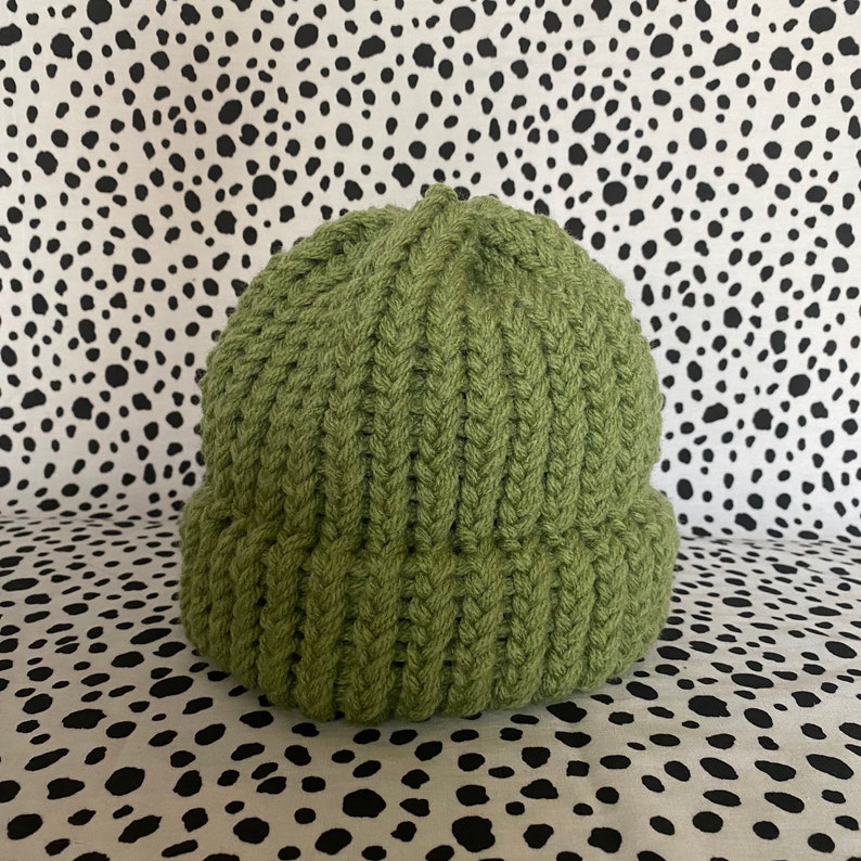 Green Wool Beanie Hat HANDKNITTED 