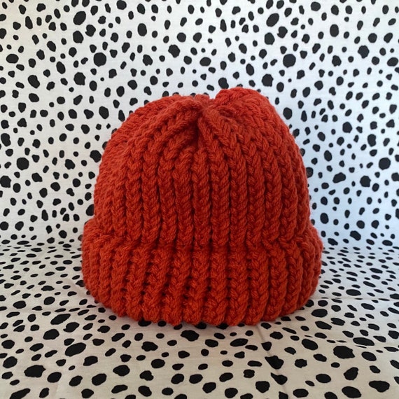 Hand Knitted Burnt Orange Beanie Hat 