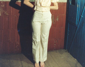 1970s Wool Blend Cream Pinstripe Wide Leg High Rise Trousers