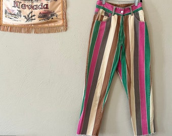 1990s Multicolor Striped Denim Jeans Pants High Rise