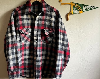 1980s Classic Woolrich over shirt button up in black, grey, & red plaid