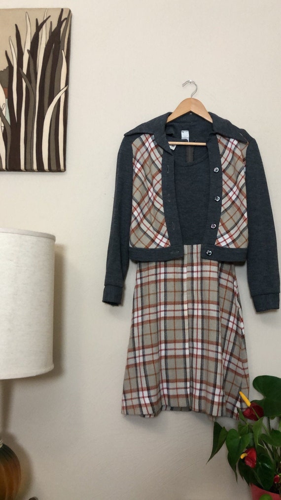 1970s grey and orange plaid wool and knit two piec
