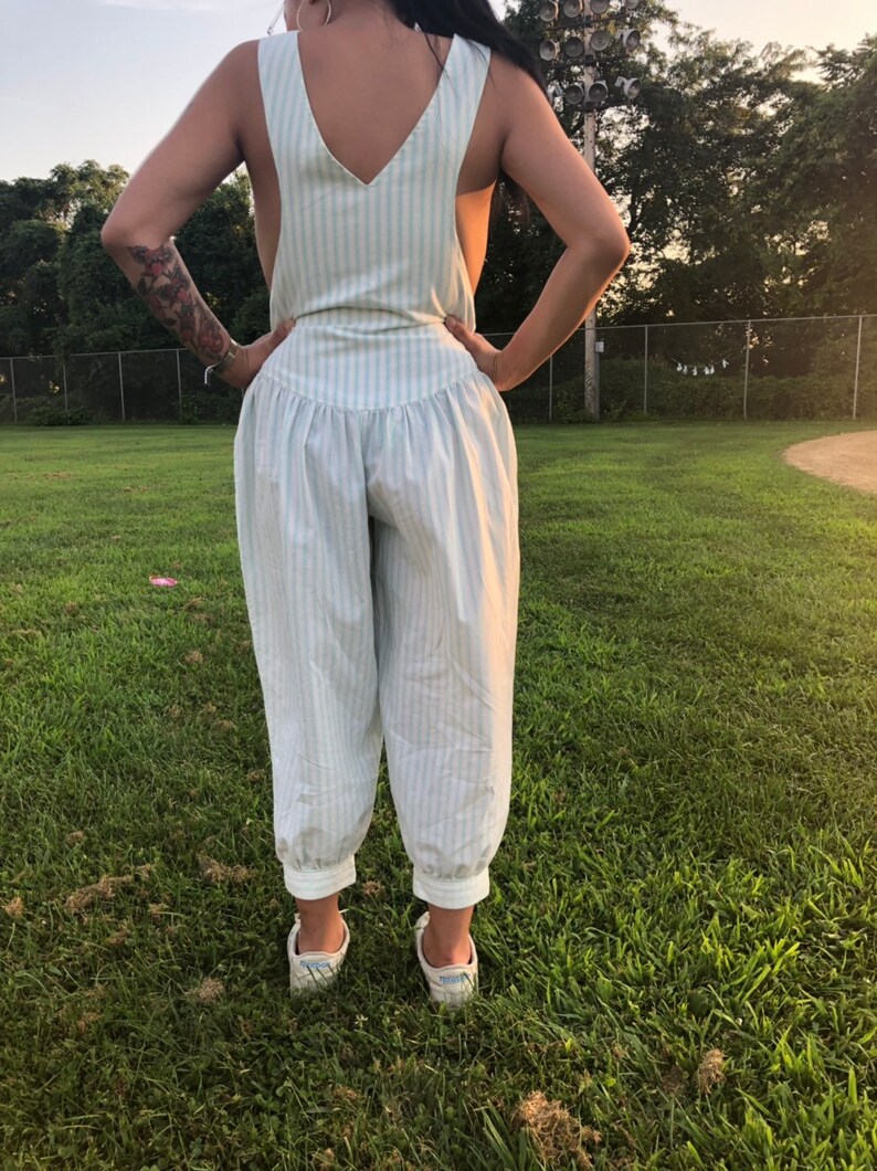 1980s jumpsuit with balloon pants seafoam green stripes overalls cropped