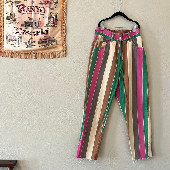 1990s Multicolor Striped Denim Jeans Pants High R… - image 1