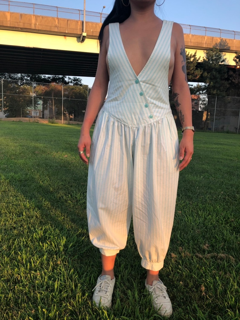 1980s jumpsuit with balloon pants seafoam green stripes overalls cropped