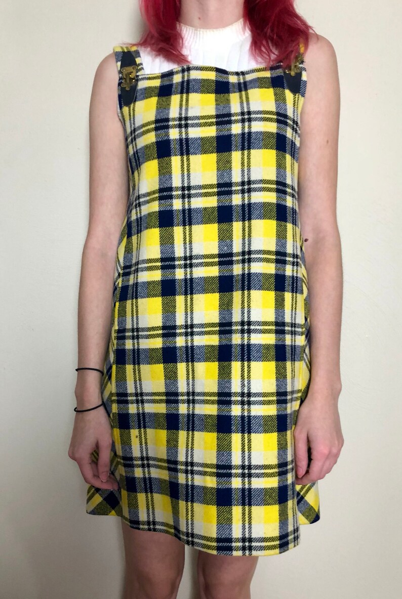 Cute 1970s blue yellow wool plaid jumper tartan mini Etsy