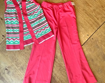 1970s melon pink & kelly green chevron vest and palazzo pants set