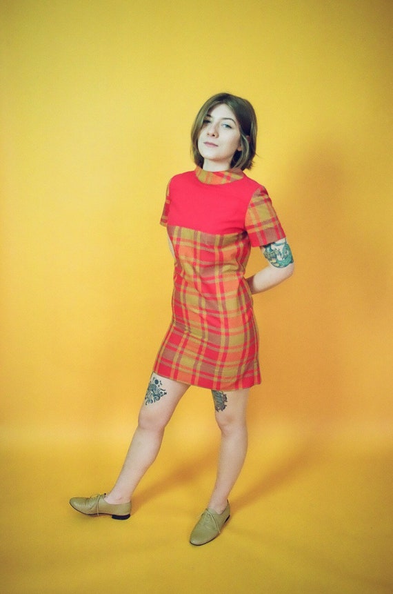 red plaid shift dress
