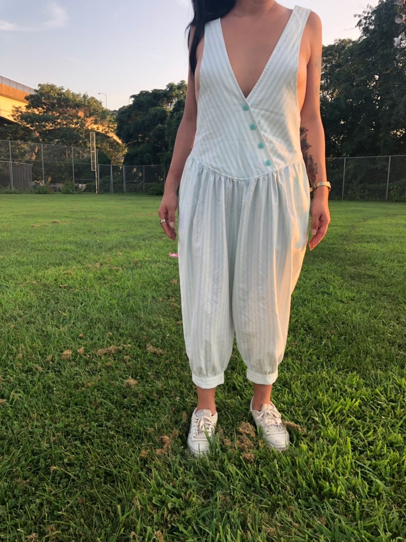 1980s jumpsuit with balloon pants seafoam green stripes overalls cropped