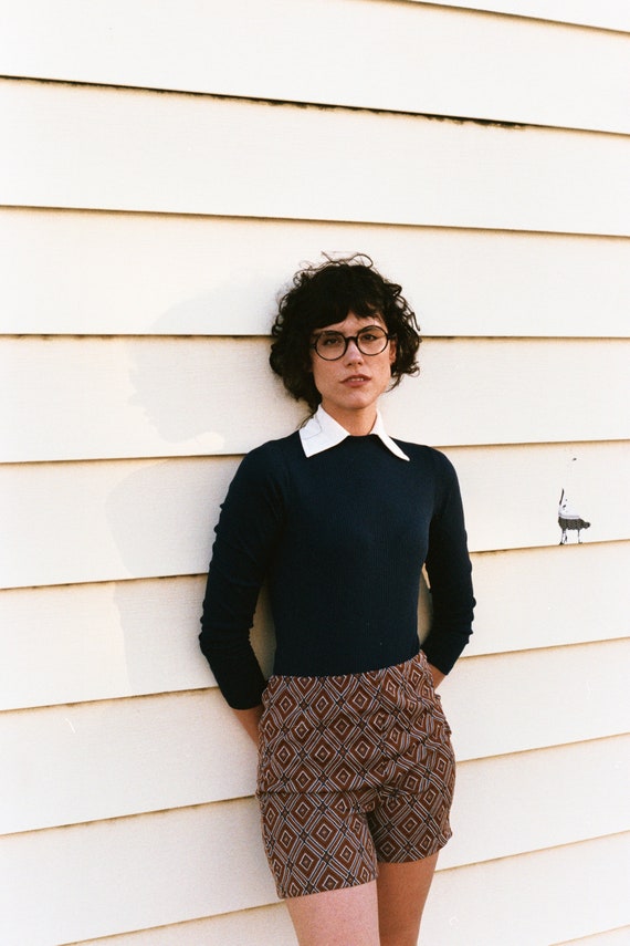 1970s Navy Ribbed Bodysuit with Dagger Collar